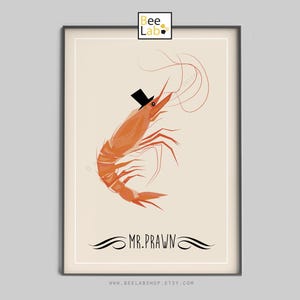 Póster con impresión artística de Mr Prawn / Ilustración de gambas para pared / Decoración de cocina con mariscos, cocina oceánica, obras de arte para restaurantes, decoración del hogar / N34