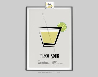 Pisco Sour Cocktail Art Print | Cocktail Recipe Poster, Mid-Century Style Bar & Kitchen Decor, Drinks, Gift for Cocktail Lovers | N170