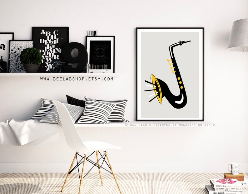 saxophone print retro saxophone poster saxophone jazz poster saxophone blues mid century style saxophone art print 159 image 2