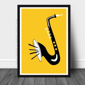 saxophone print retro saxophone poster saxophone jazz poster saxophone blues mid century style saxophone art print 159 Yellow