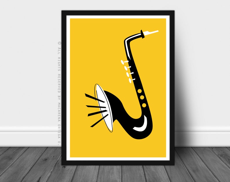 saxophone print rétro saxophone affiche saxophone jazz affiche saxophone blues mid century style saxophone art print 159 Yellow