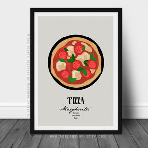 Margherita Pizza art print Pizza Margherita illustration poster ingredients Traditional Italian Pizza print kitchen restaurant decor (179)