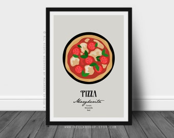 Margherita Pizza art print Pizza Margherita illustration poster ingredients Traditional Italian Pizza print kitchen restaurant decor (179)