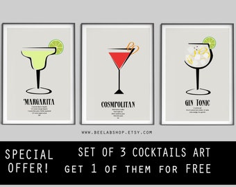 SET of 3 DRINKS Prints 1 of them for free collection prints Cocktail Art print Minimalist bar decor Print Wall print Modern Style wall