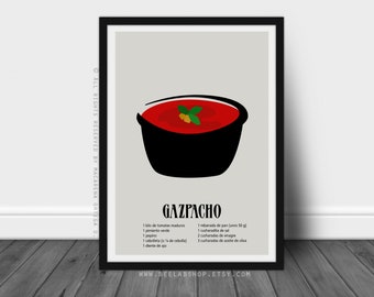 Gaspacho Recette affiche Espagnol Gaspacho Andaluz print Impression d’art Gazpacho affiche cuisine décoration murale Boissons Illustrations Cadeau bar décor (175-6)