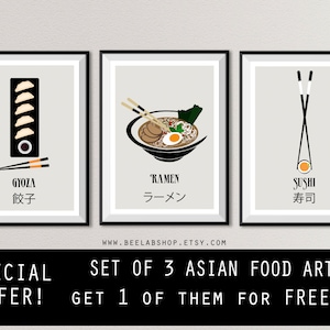 SET van 3 Aziatische eten Prints 1 van hen voor gratis Japanesse eten sushi print, gyoza kunst en ramen poster Kunst print Minimalistische decor Print