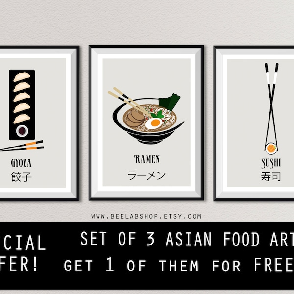 Set von 3 asiatischen Essen Prints 1 von ihnen für kostenlose Japanesse Essen Sushi Druck, Gyoza Kunst und Ramen Poster Kunstdruck Minimalist Dekor Print