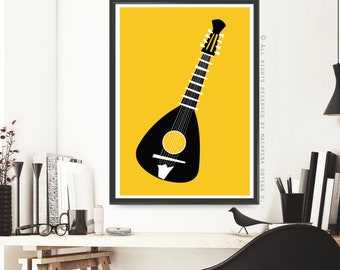 Mandolin retro print Mandolina Portuguesa stringed musical instrument  folk music guitar mid century style poster Music poster (152)