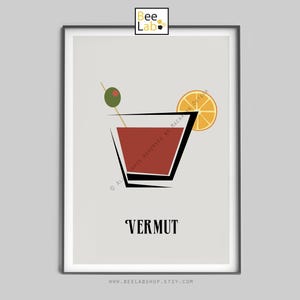 Lámina artística de cóctel de vermut / Decoración de bar y cocina de mediados de siglo, ilustración de bebidas, idea de regalo para aperitivos / N205