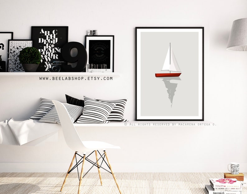 Sailboat Art print Nautical Sailboat Minimalist Print Coastal Wall decor art print Modern Style retro wall Beach painting wall decor 183 image 6