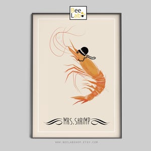 Póster de la Sra. Shrimp / Ilustración de gambas para pared / Decoración de cocina con mariscos, cocina oceánica, arte de restaurante, póster de gambas / N35