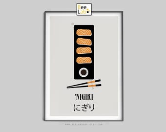 Nigiri Art Print | Sushi Wall Art, Japanese Food Poster, Kitchen Decor, Restaurant, Foodie Gift, Minimalist Seafood Print | N200