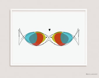 Fish Art print kiss Mid Century Style san valentine day inspired Scandinavian wall decor poster Artwork Women Gift  home decor love (095)