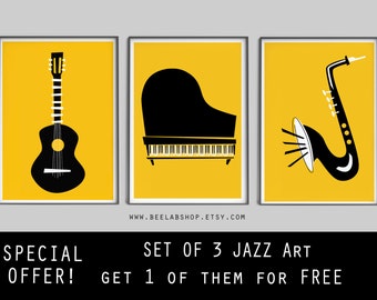 SET OF 3 PRINTS 1 of them for free Jazz collection prints music Art print Minimalist instruments decor Print Wall print Modern Style wall