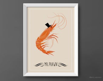 Mr Prawn Print Prawn Art illustration print poster kitchen decor sea food ocean Kitchen wall restaurant decor wall home Prawns draw (034)