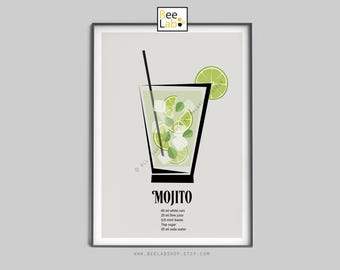 Mojito Cocktail Art Print | Poster, Mid-Century Style Bar & Kitchen Decor, Cocktail Prints, Refreshing Summer Gift, Drinks Poster | N207
