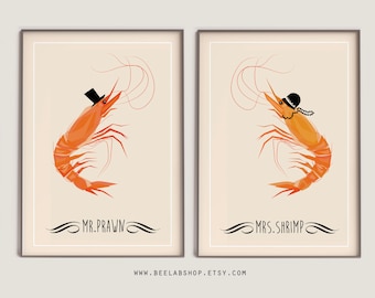 Set of 2  Mr Prawn and MrsShrimp food art, minimalist print Poster Mid Century  sea life colors kitchen decor print poster