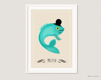 Mr FISH print retro poster illustration kitchen decor sea food ocean cousine wall restaurant decor kitchen decor wall home (033)