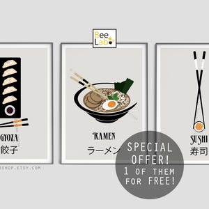 SET of 3 Asian food Prints 1 of them for free Japanesse food sushi print, gyoza art and ramen poster Art print Minimalist decor Print image 1
