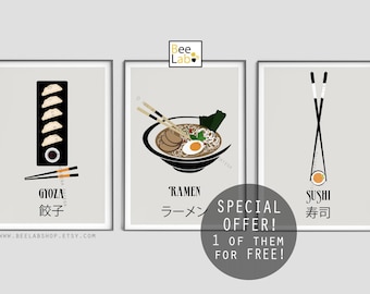 SET di 3 stampe di cibo asiatico 1 di loro gratis Stampa di sushi di cibo giapponese, arte gyoza e poster di ramen Stampa artistica Stampa di arredamento minimalista