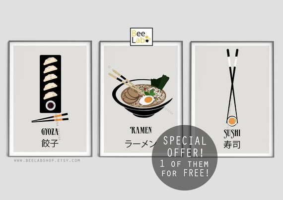 SET of 3 Asian food Prints 1 of them for free Japanesse food sushi print, gyoza art and ramen poster Art print Minimalist decor Print