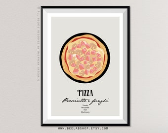 Prosciutto e funghi Pizza art print Pizza Prosciutto e funghi poster ingredients Traditional Italian Pizza print kitchen restaurant (180)