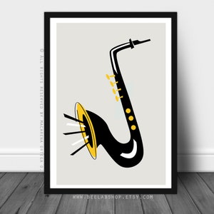 saxophone print rétro saxophone affiche saxophone jazz affiche saxophone blues mid century style saxophone art print 159 Grey