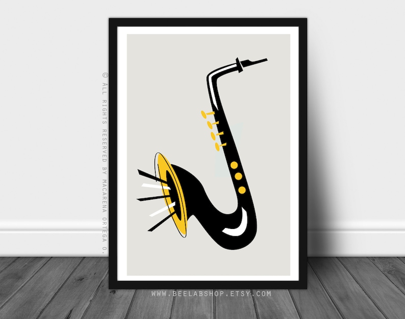 saxophone print retro saxophone poster saxophone jazz poster saxophone blues mid century style saxophone art print 159 Grey