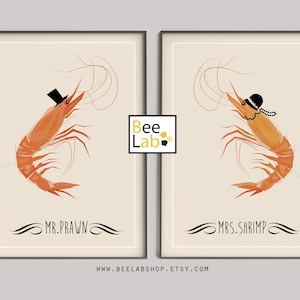 Láminas artísticas de Mr Prawn y Mrs Shrimp / Póster minimalista de comida, Decoración de cocina con temática marina, Arte de mediados de siglo / Decoración de cocina, Amantes de la gastronomía