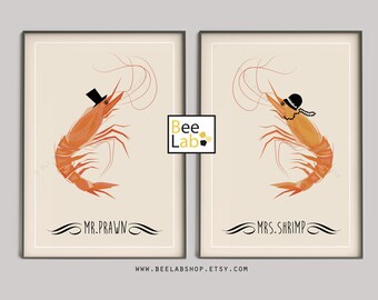 Set di stampe artistiche Mr Prawn & Mrs Shrimp / Poster minimalista di cibo, Decorazione da cucina con tema marino, Arte di metà secolo / Decorazione da cucina, Amanti del cibo