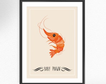 Baby Prawn art print poster printed illustration kitchen decor sea food ocean wall restaurant decor kitchen decor wall home (036)