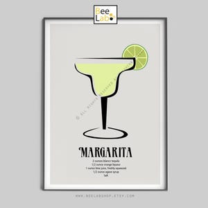 Impression d'art cocktail Margarita | Poster de recette de cocktail, Décoration murale pour bar et cuisine, Poster de boissons, Cadeau pour amateur de tequila, Amateurs de cocktail | N204