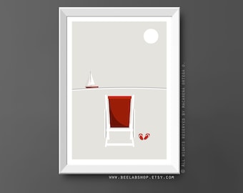 Beach summer chair art beach Sailboat Art print Nautical coastal art Minimalist Print Coastal Wall decor Modern Beach painting (192)