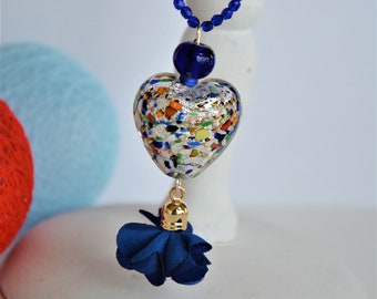 Necklace with a heart pendant, in Murano millefiori glass, blue.