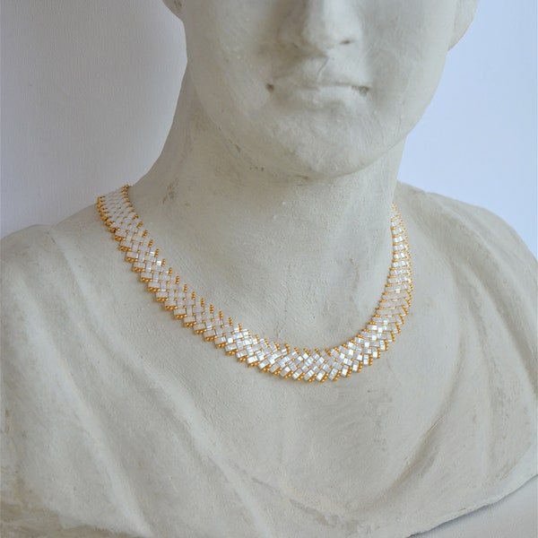 Necklace in Half Tila pearls, pearly white and golden seed beads.