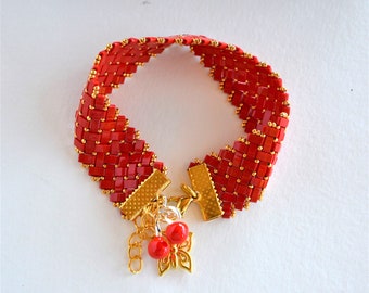 Bracelet en perles de verre Tila, rouge et doré, tissé main.