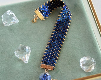 Dark blue, moiré Half Tila bead bracelet.