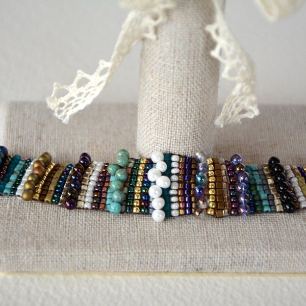 White, turquoise, black and gold Glass Beads Bracelet woven seed beads, drops, mini cubes