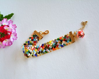 Multicolored woven bracelet with Half Tila beads