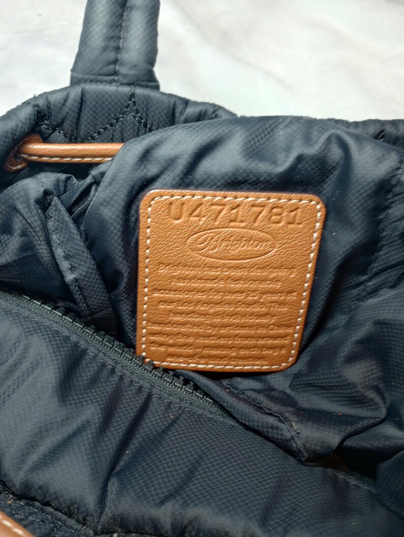 May include: Close-up of a navy blue quilted tote bag with a brown leather patch. The patch features the brand name "Brighton" and the number "U471781". The bag has a brown leather handle and a zipper closure.