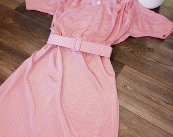 MCM pastel Pink Polka Dot Midi Spring Dress Elegant Cottage Chic  50s Housewife m