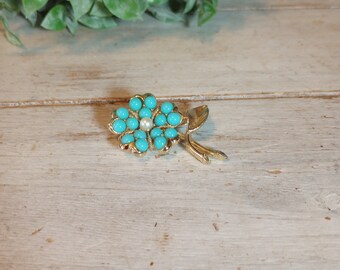 Sarah Coventry vintage Aqua Fleur turquoise Gold floral brooch 60s  mcm fashion