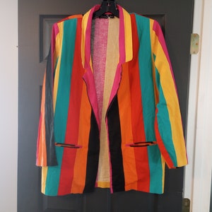 80s Jungle Jacket Retro Striped Open Face Blazer Vibrant Rainbow Aesthetic  VTG