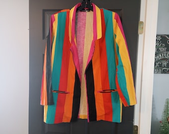 80s Jungle Jacket Retro Striped Open Face Blazer Vibrant Rainbow Aesthetic  VTG