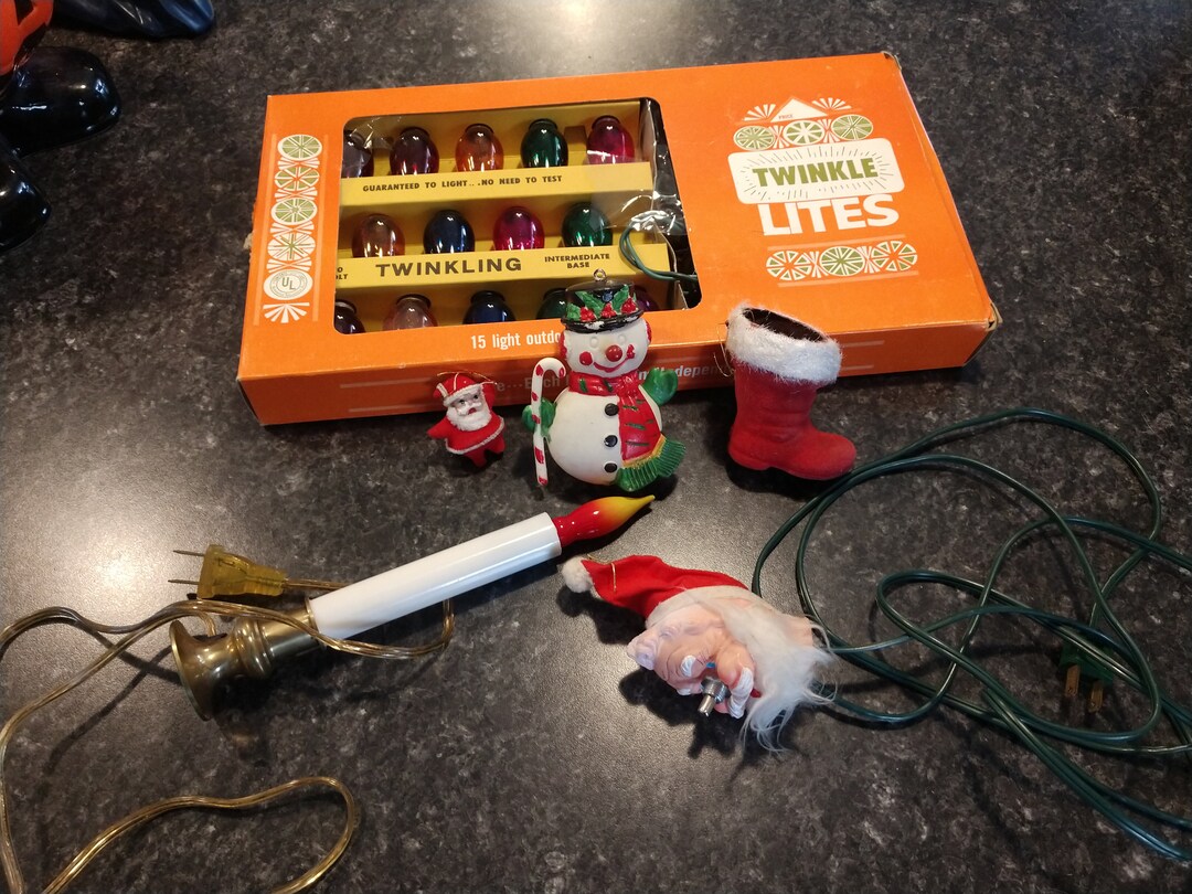 Vintage Christmas Decor Lot Timco Santa Twinkle Lights Flocked