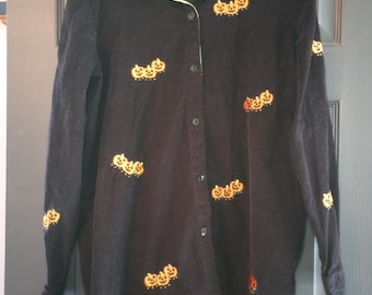 Quacker Factory Black Velour Velvet Jacket VTG Halloween Pumpkin Jack O Lantern