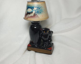 Antieke Evanus Novelty tafelaansteker zwarte kat lampenkap kitsch MCM Japan Ooak