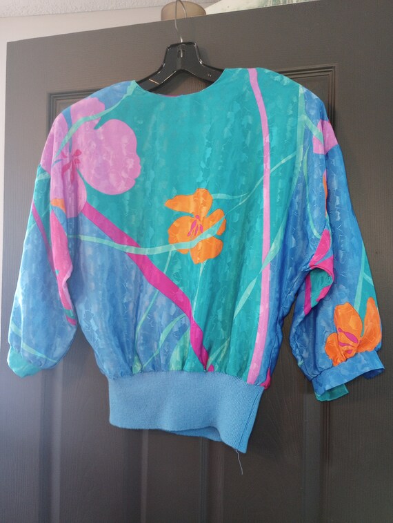 Vtg Vibrant Multicolored Aqua Blouse Parnes Feinst