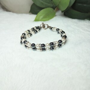 Hematite Glass Pearl Zirconia Stones Beaded Toggle Clasp Bracelet Light Academia