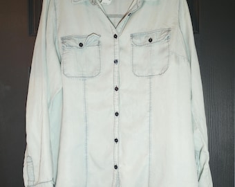 Faded Denim Coastal Cowgirl Light Weight Button Down Earthy Boho Western Blouse